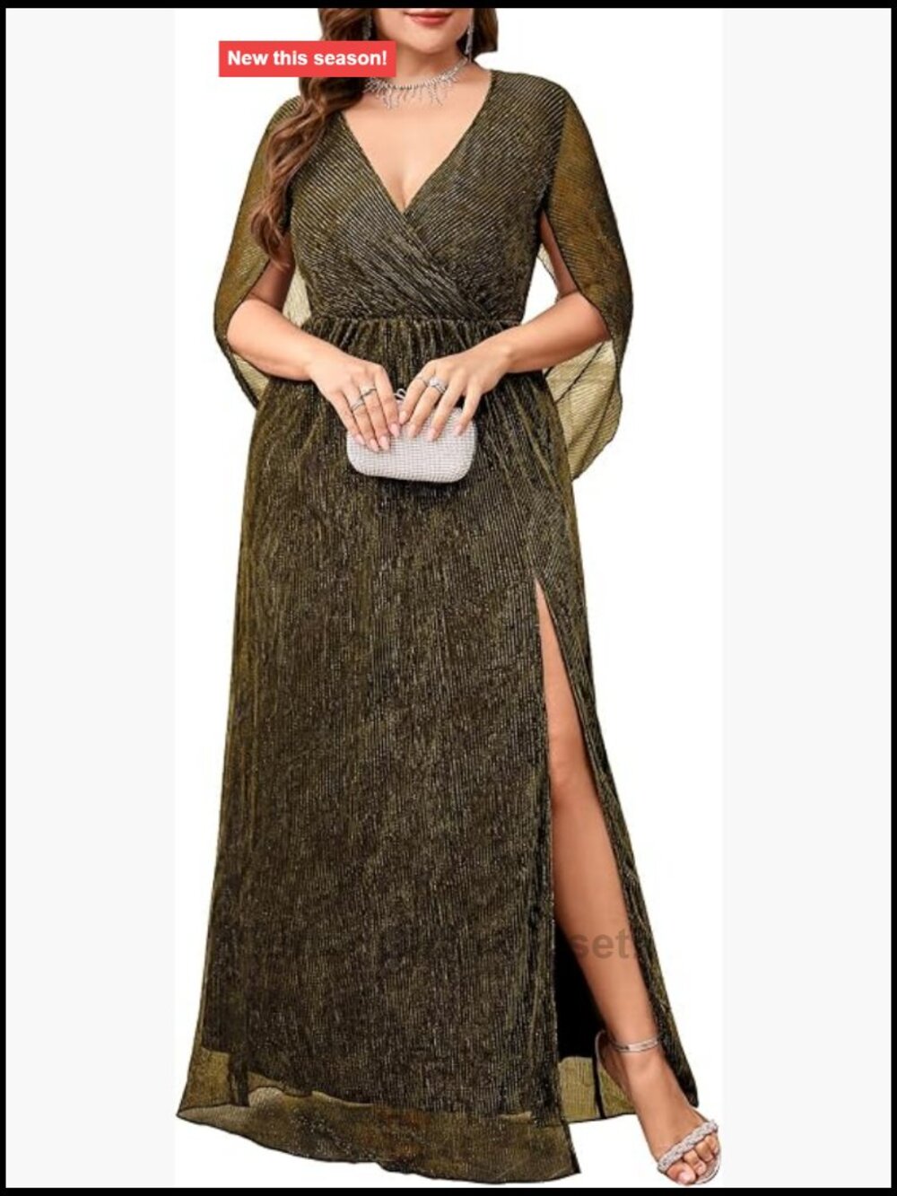Plus Size Formal Maxi Dress Cape Sleeve V Neck Side Split Sequin Evening Gown